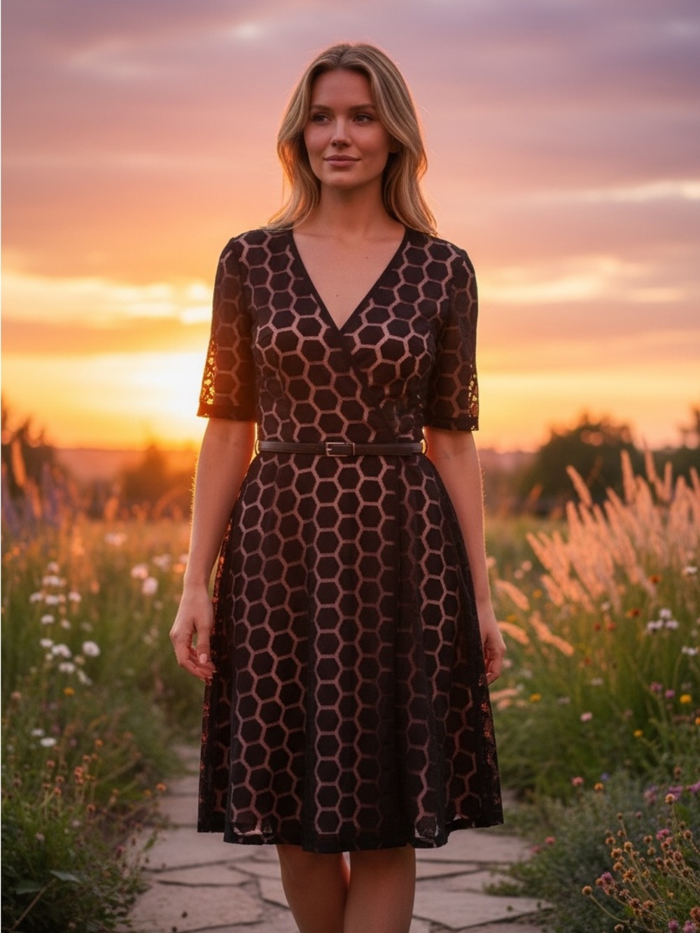 AUW Black Dress with Brown Hexagon Pattern - Picture 4 of 4